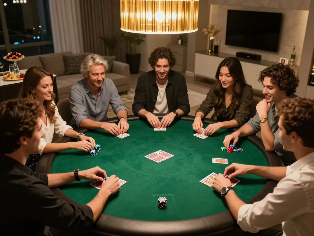 Engaged friends strategizing during a poker game night, showcasing keonhacaii.