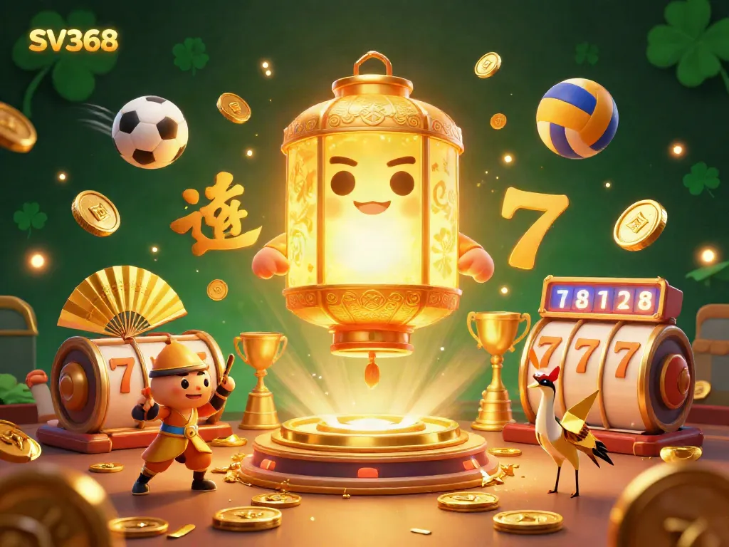 Engage with SV368's colorful online casino scene featuring a glowing giant lantern spirit and dynamic slot elements.