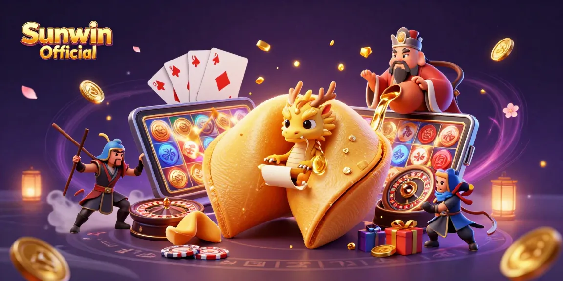 Engage with Sunwin Official's colorful gaming universe, showcasing a dynamic fortune cookie scene with vibrant slot games and treasures.