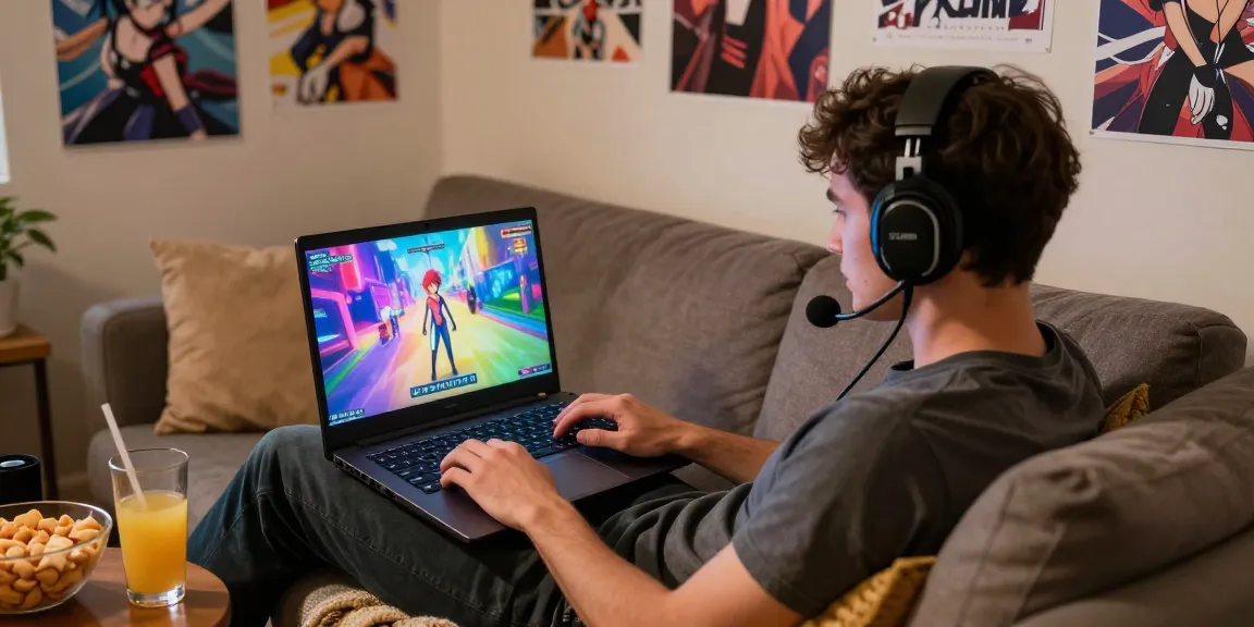 Engaged gamer enjoying hentai games on a laptop in a cozy setting.
