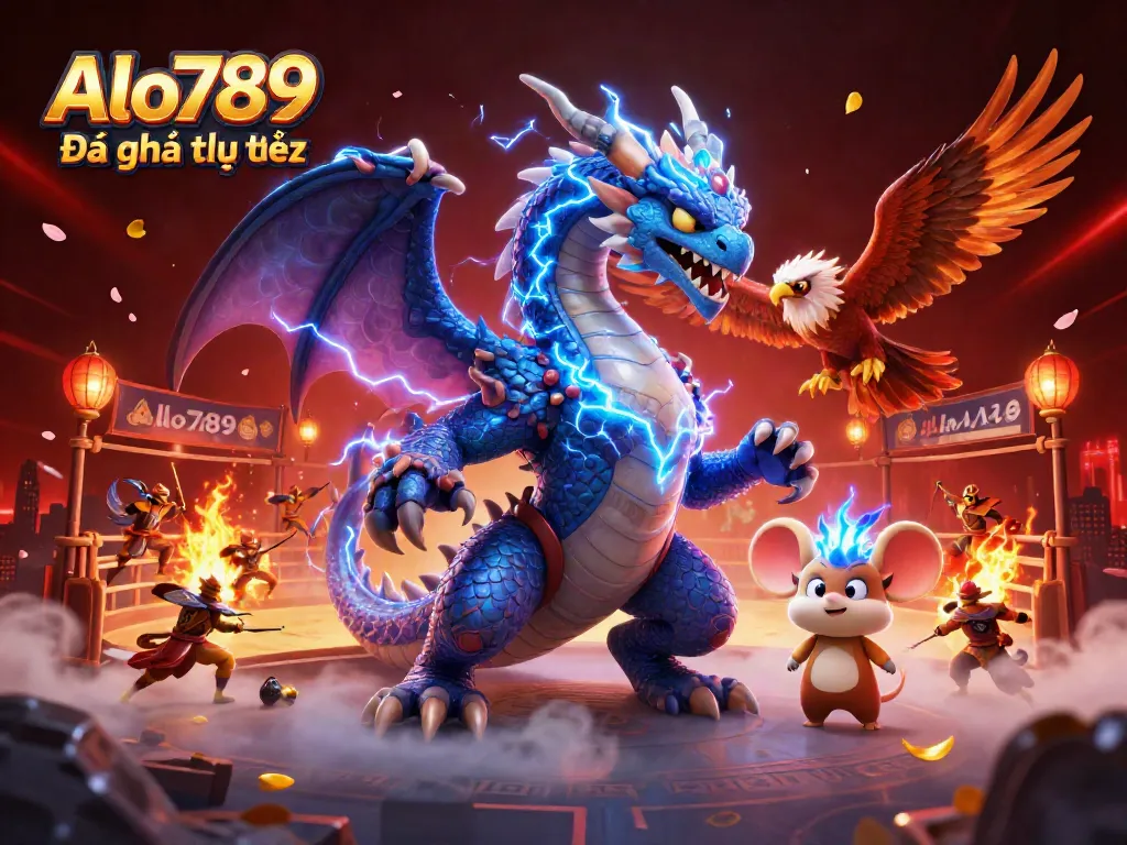 Alo789 Đá gà trực tiếp showcases a thrilling cockfighting arena with dynamic dragon and hawk characters.