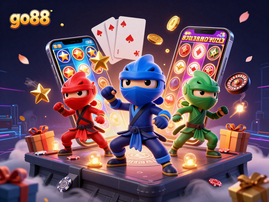 Engage in thrilling action at go88 with chameleon ninjas showcasing martial arts amidst vibrant casino elements.