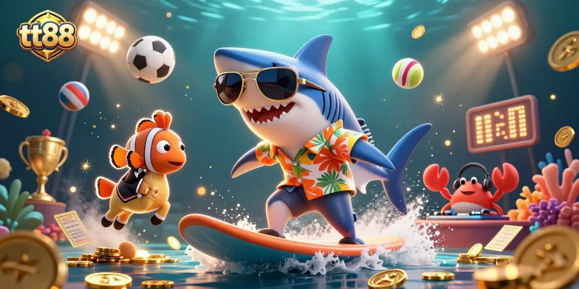Surf with tt88's hammer-head shark while enjoying sports in this vibrant digital casino illustration.