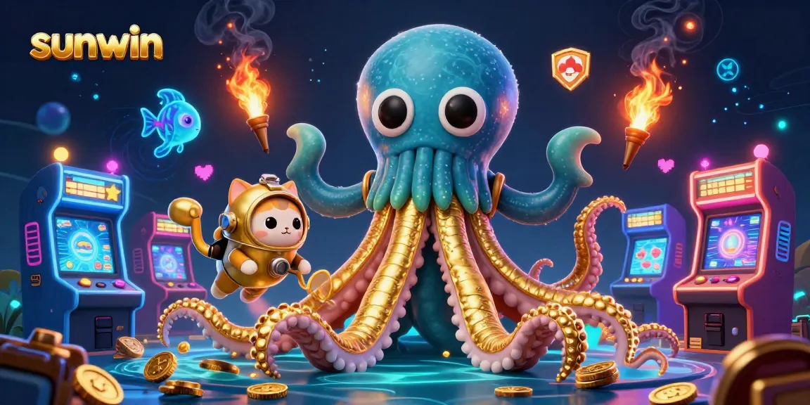 Experience the thrill of sunwin with a captivating 3D illustration featuring a kraken, diving cat, and vibrant game elements.