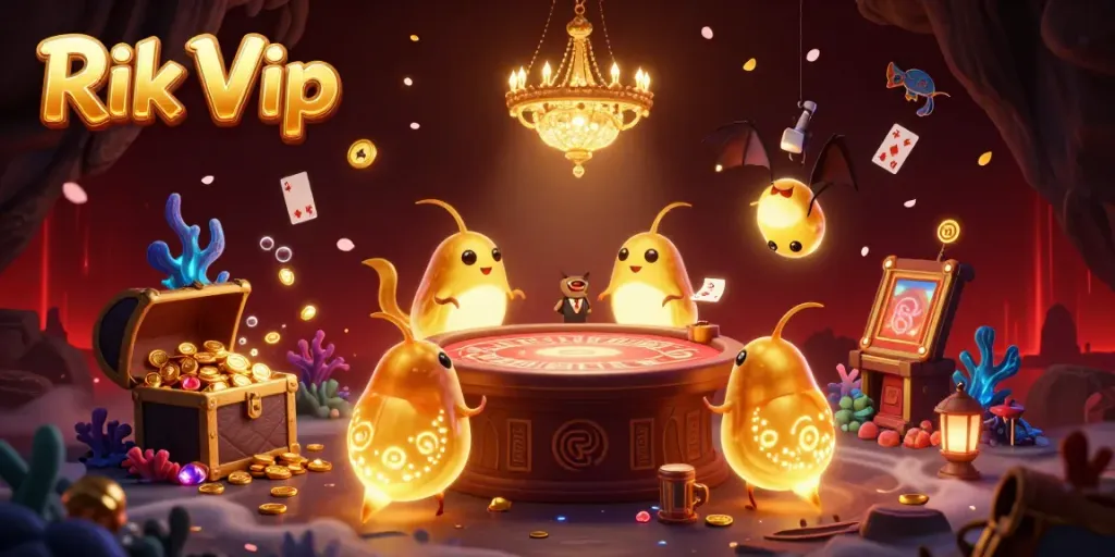 Experience exciting gameplay at Rik Vip's casino with glowing characters and treasures illuminating the scene.