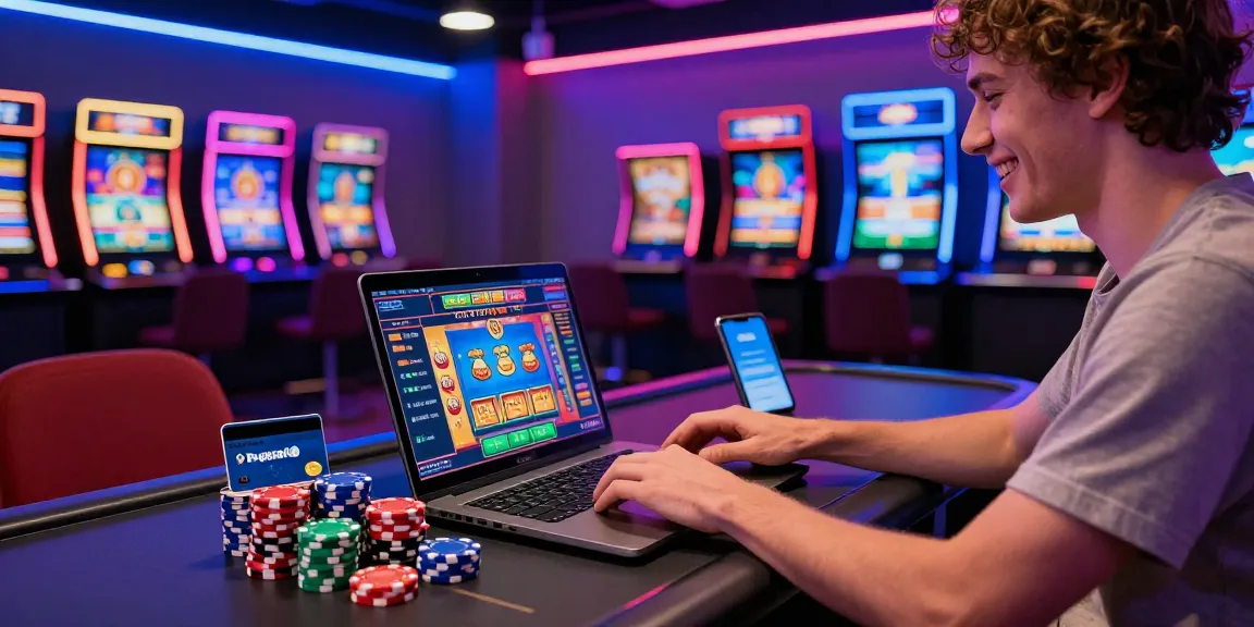 Aufregende Szene eines Spielers in einem Paysafe Card Casino, der Online-Spielautomaten mit lebendigen Farben und Chips auf dem Tisch genießt.