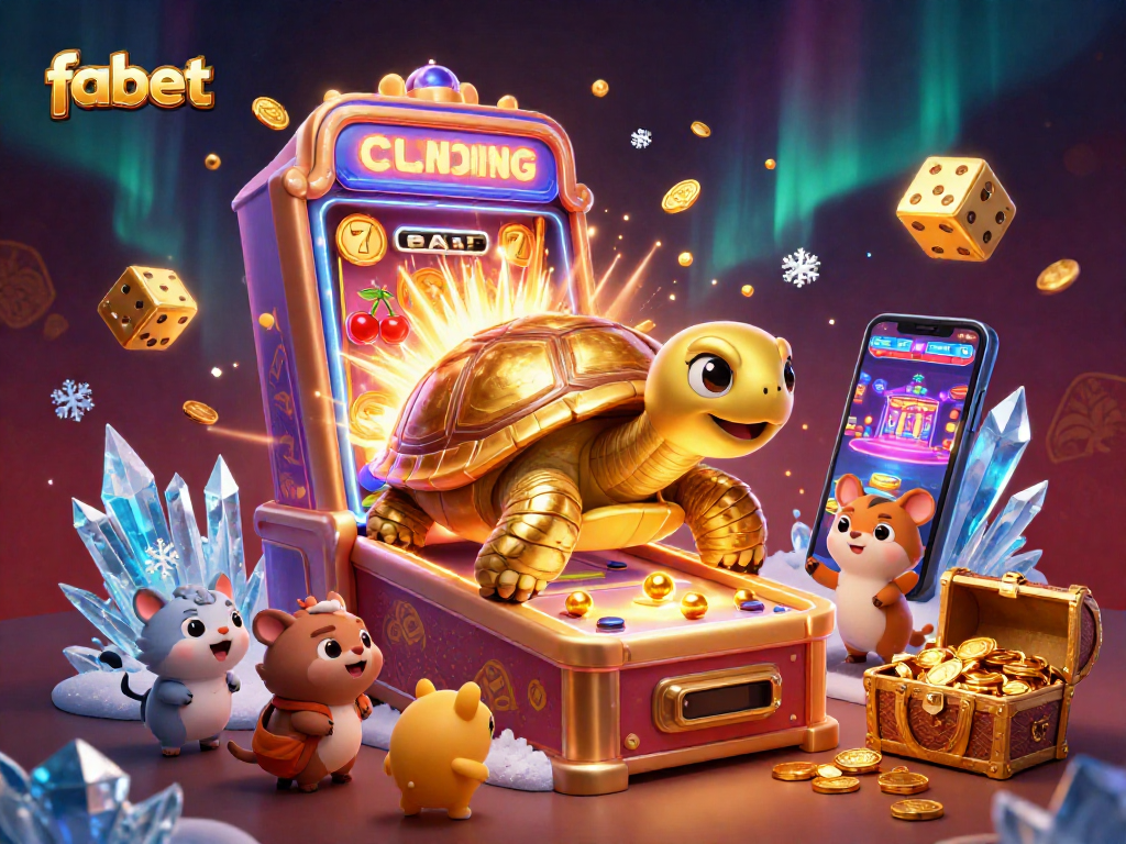 Experience exhilarating wins with fabet's vibrant casino scene, featuring thrilling slot machines and a golden tortoise.