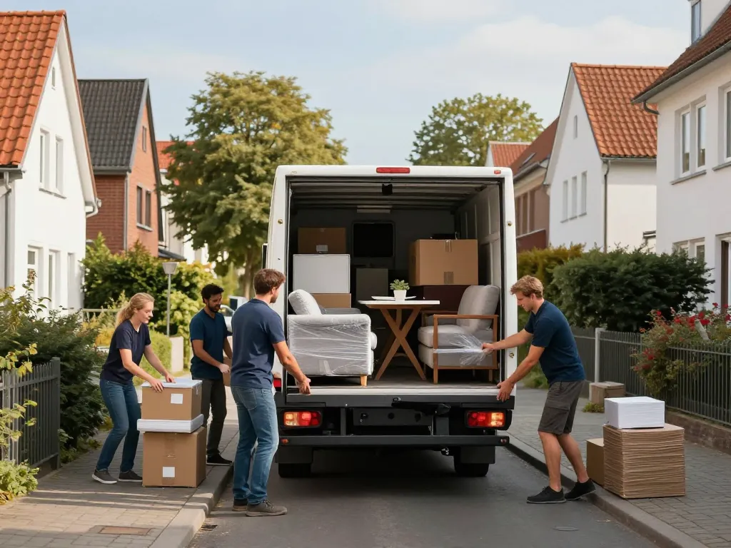 Zuverlässiges Umzugsunternehmen Hannover-Team, das bei einem Familienumzug hilft und professionelles Möbelverladen auf einem Umzugswagen zeigt.