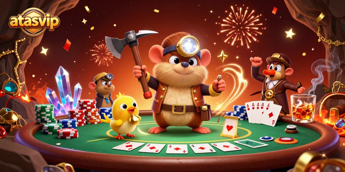 Experience the rich features of atasvip with vibrant poker action surrounded by cartoon characters and glittering treasures.