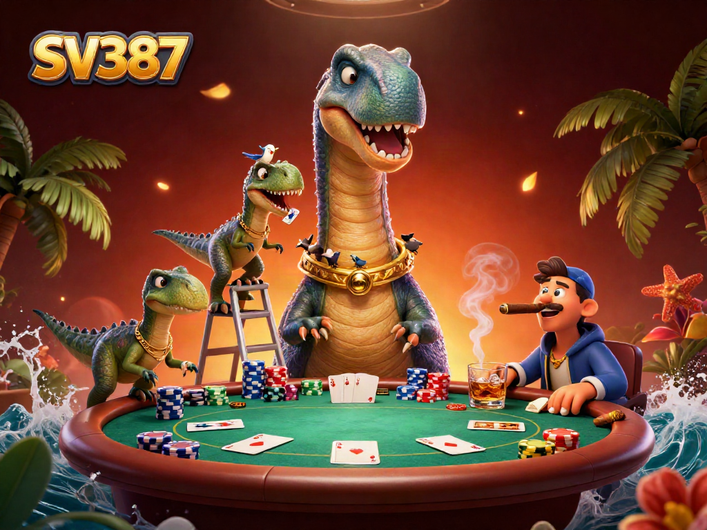 SV387 brings excitement with a giant brontosaurus and clever raptor at a vibrant poker table.