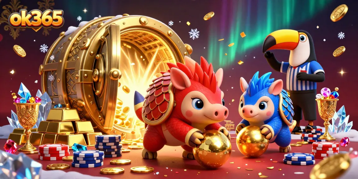 Join the excitement of ok365 as pangolins roll through stacked poker chips in a vibrant casino.
