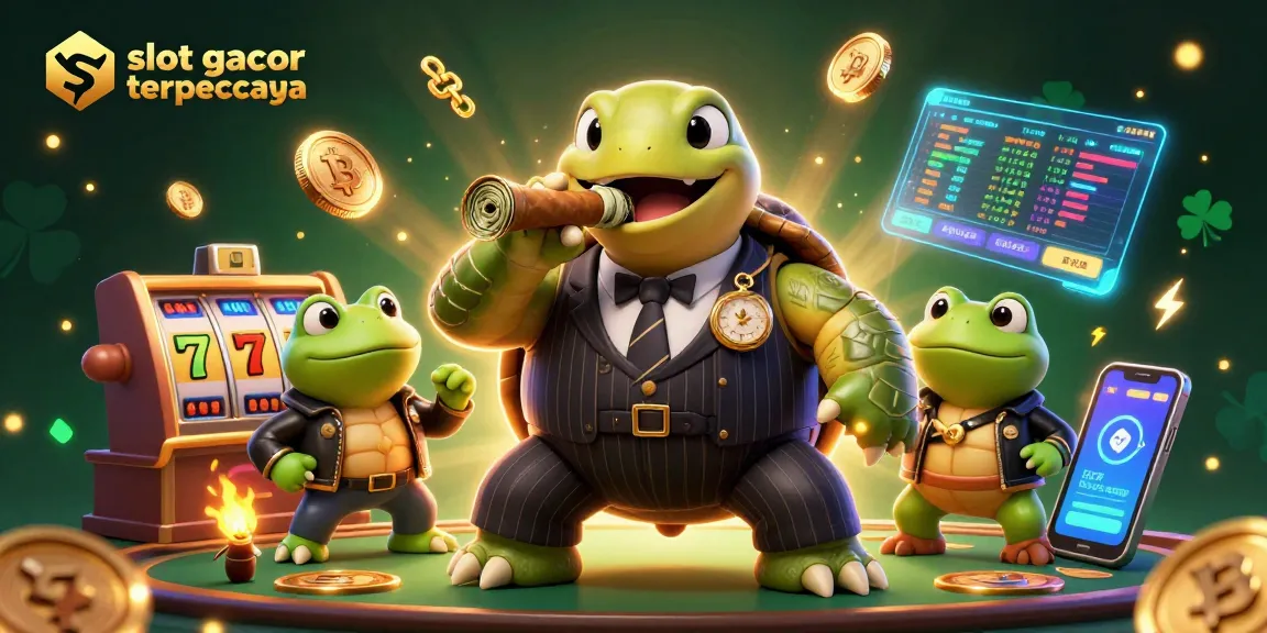 Experience slot gacor terpercaya with a vibrant scene featuring a cartoon snapping turtle and bullfrog enforcers.
