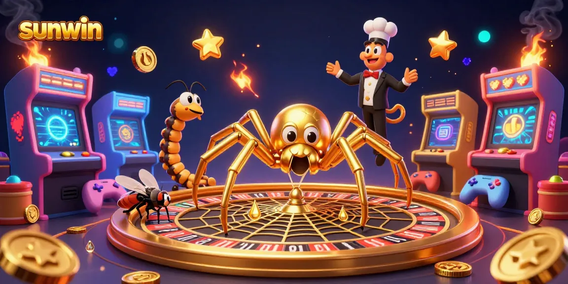 Bet on sunwin's thrilling 3D illustration featuring a golden spider in a casino setting.