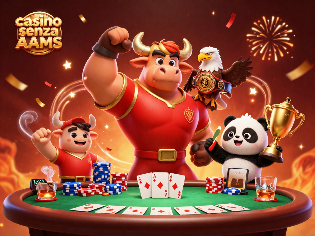 Vinci con il casino senza AAMS grazie al bull mascot e alla panda con trofeo in un ambiente festoso.