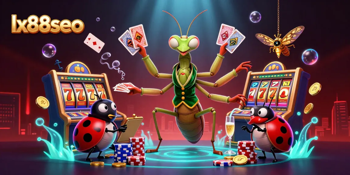 Experience winning strategies at lx88seo with a vibrant casino scene featuring a praying mantis card sharp and a ladybug pit boss.