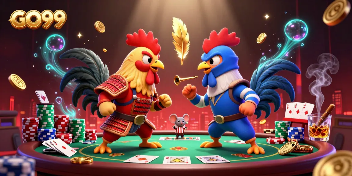 Experience the excitement of GO99 with a dynamic casino scene featuring twin fighting roosters and poker action.