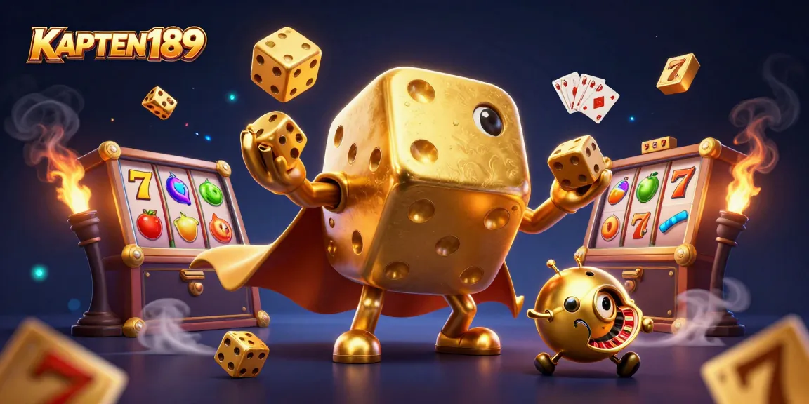 KAPTEN189 mempersembahkan ilustrasi kasino 3D dengan dadu emas, jackpot, dan simbol buah yang penuh aksi.
