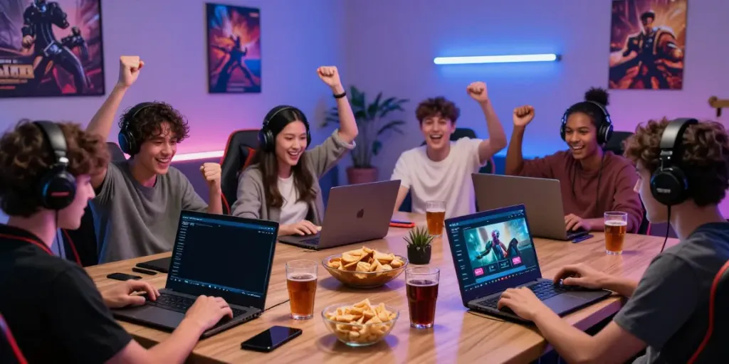 Engaged players enjoying the FIVE88 gaming platform in a lively room.