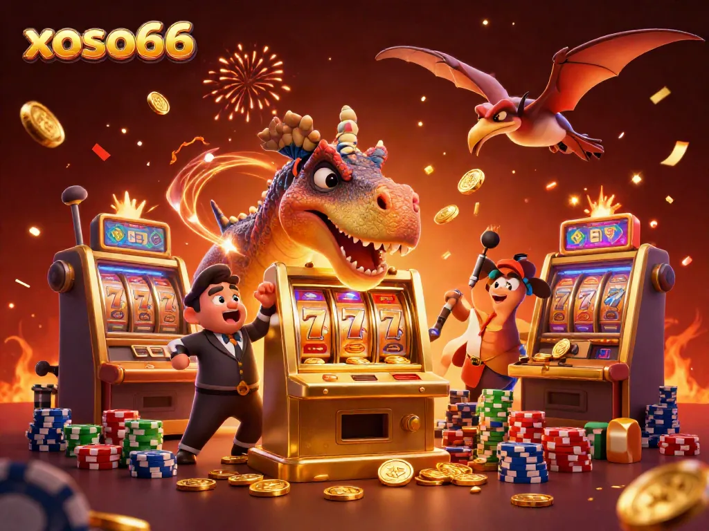 Experience the xoso66 excitement as a cartoon dinosaur wins jackpots and coins in a vibrant casino.