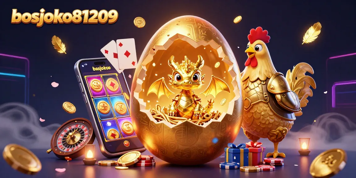 Bermain slot gacor di bosjoko81209 dengan naga emas yang menetas dari telur emas, dikelilingi chip poker dan simbol kasino lainnya.