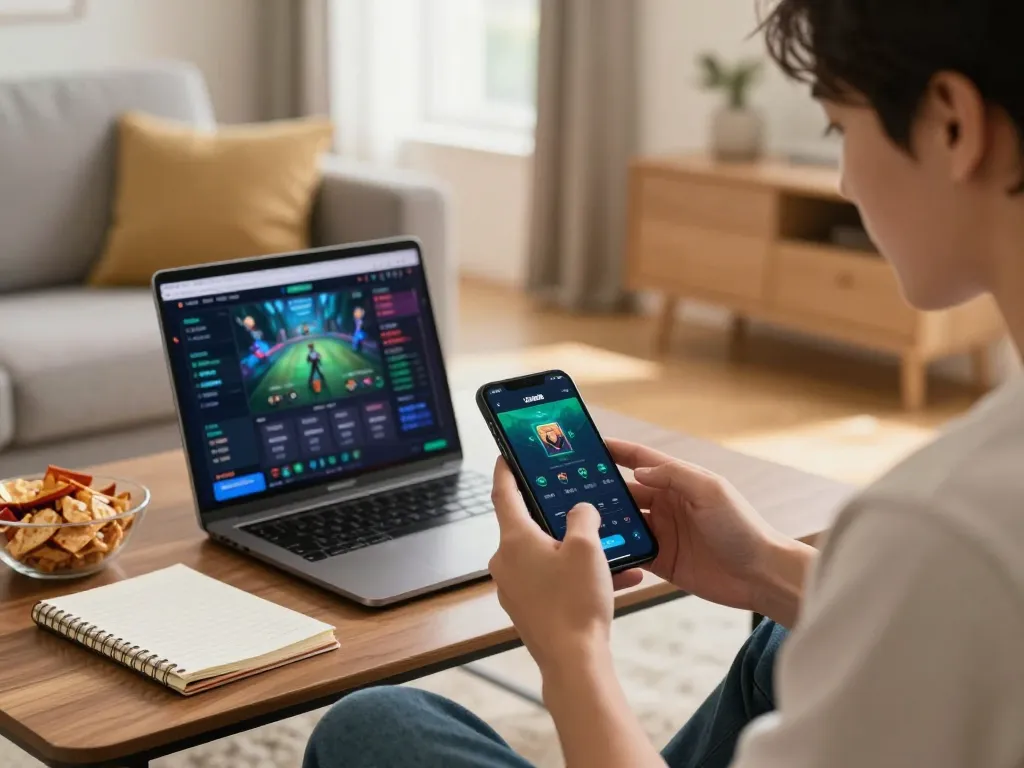 Engaging with the Xin88 mobile app during a cozy home gaming session, showcasing a modern lifestyle.