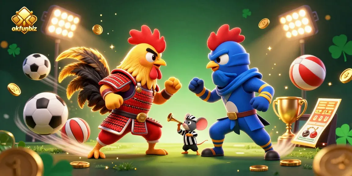 Engage with thrilling cockfighting at okfunbiz featuring samurai and ninja roosters standoff.