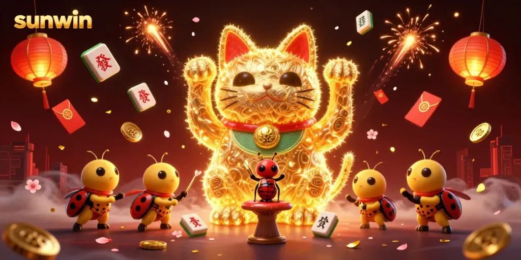 Experience fortune with sunwin's vibrant lucky cat production in a dynamic gambling-themed illustration.