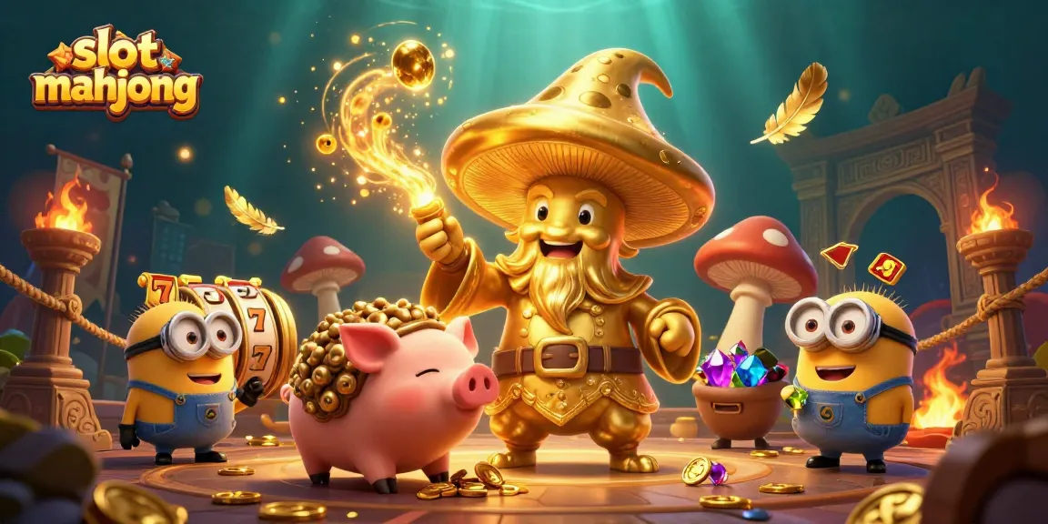Experience thrilling slot mahjong action with golden elements and magical characters in this vibrant casino illustration.