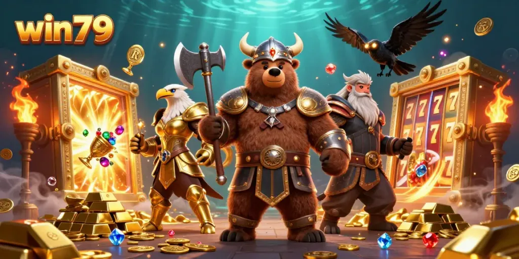 Engage in thrilling gameplay with win79's Viking bear and Valkyrie eagle in an action-packed casino setting.