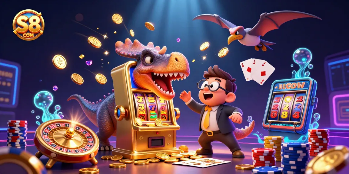 Experience the excitement at S8 COM with a cartoon pachycephalosaurus winning jackpots and coins flying all around.