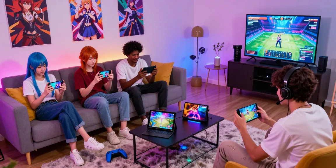 Engaged gamers playing hentaigame on devices in a vibrant room atmosphere.