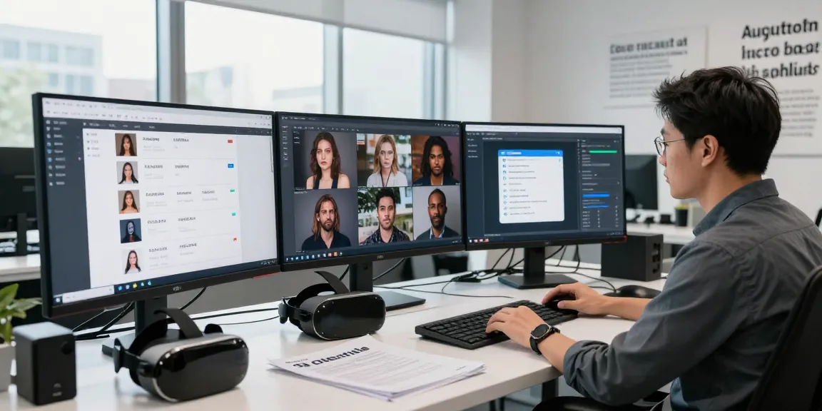 Detect AI image with a professional analyzing content moderation tools in a high-tech workspace.