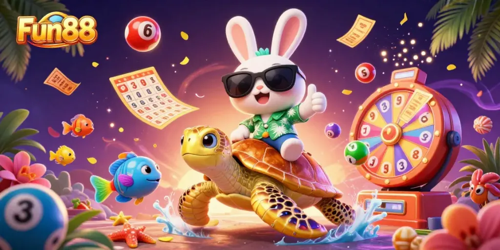 Experience fun and excitement with Fun88's vibrant cartoon scene featuring lucky rabbit and golden turtle.