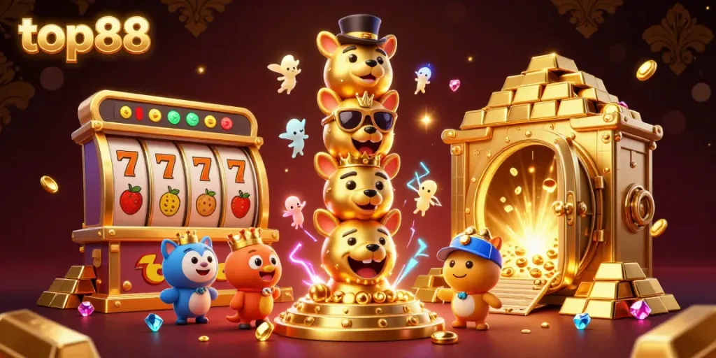 Experience thrilling slots action with top88's colorful casino totem and treasure-filled scene.