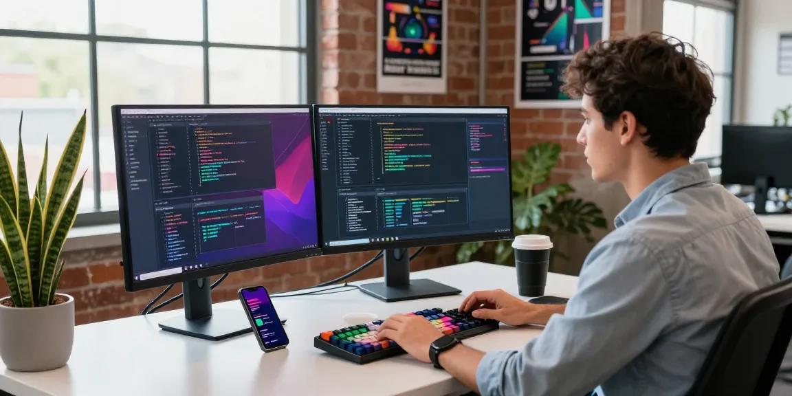 The vibrant tech workspace of a developer at net88.se.net, showcasing dual monitors with colorful code, stylish desk, and energetic atmosphere.