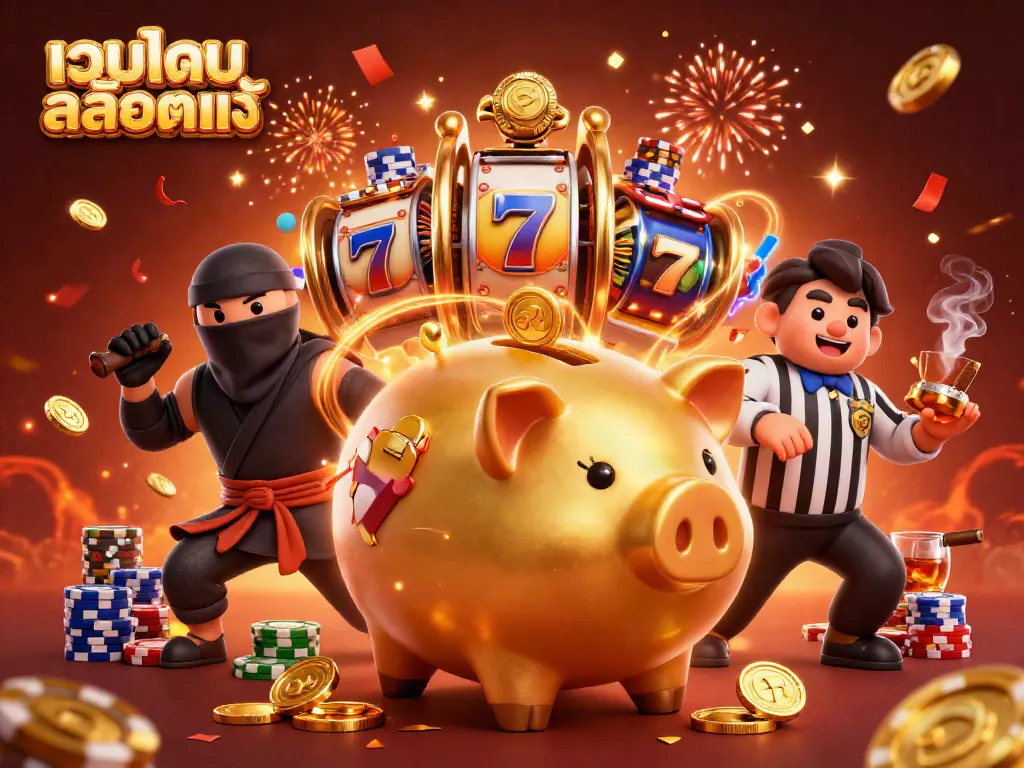 Join the action with เว็บเกมสล็อตแท้ as a golden piggy bank sumo wrestler shakes gold coins from a dynamic gambling scene.