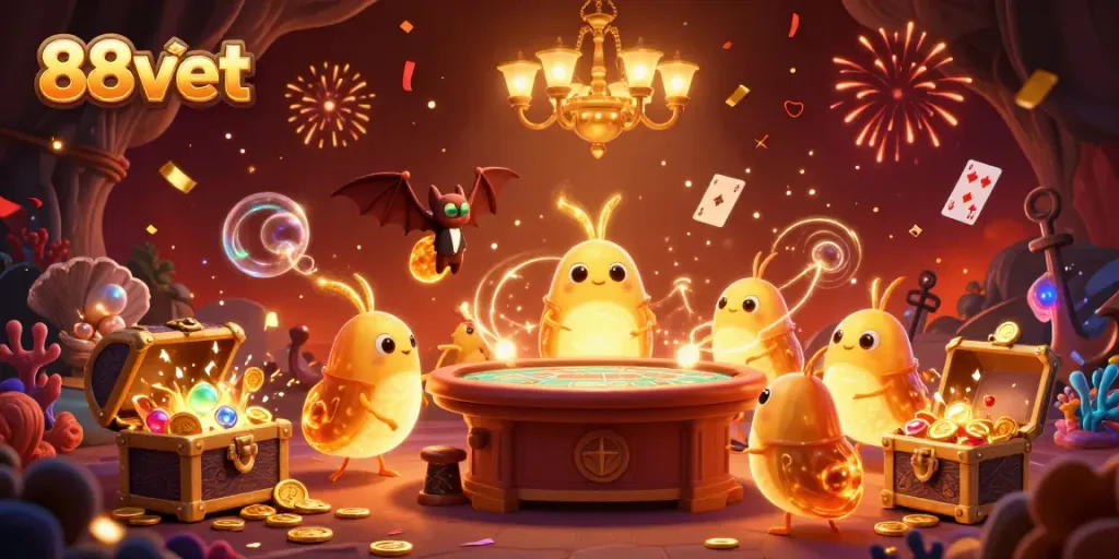 Experience gaming excitement with 88vbet's vibrant cave casino scene featuring glowworms and treasure.