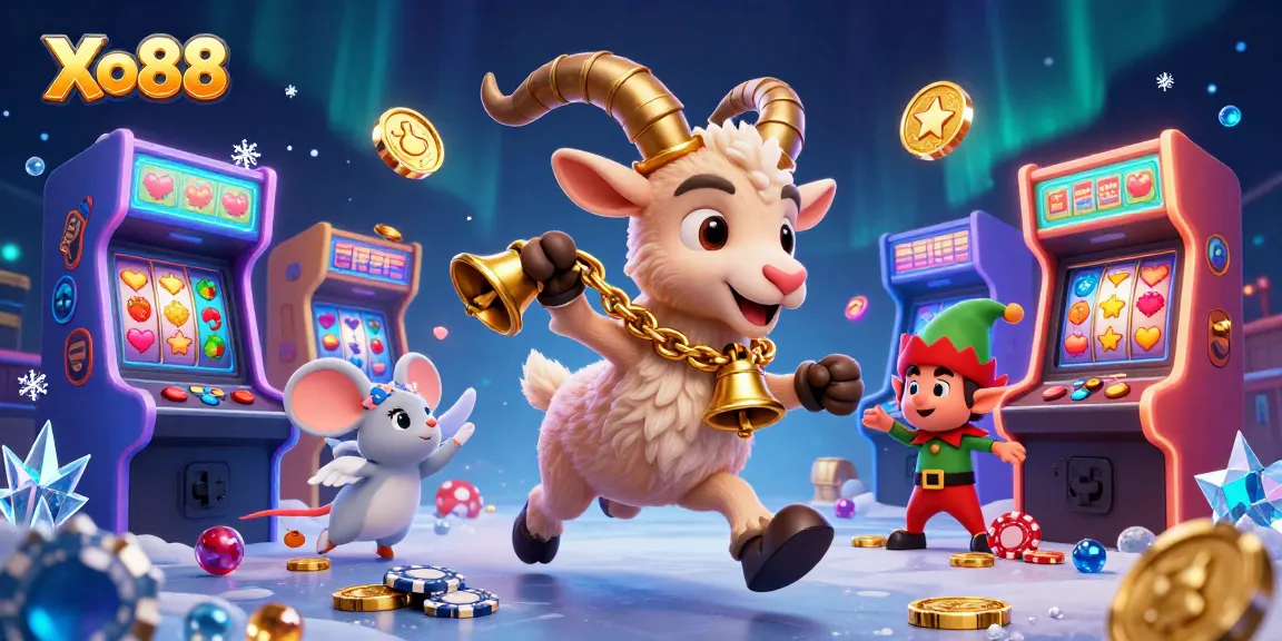 Xo88 brings festive fun in a spooky casino scene with Krampus, angel mouse, and mischievous gremlins.