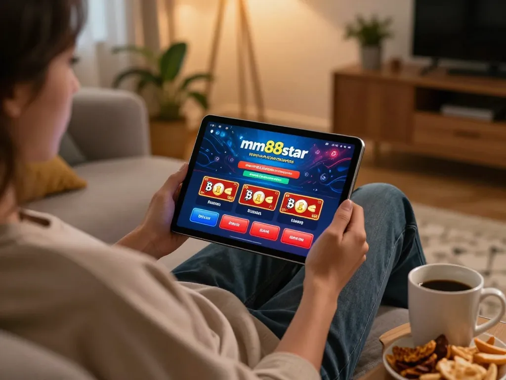 Engaging online gaming moment at mm88star with a player using a tablet in a cozy home setting.