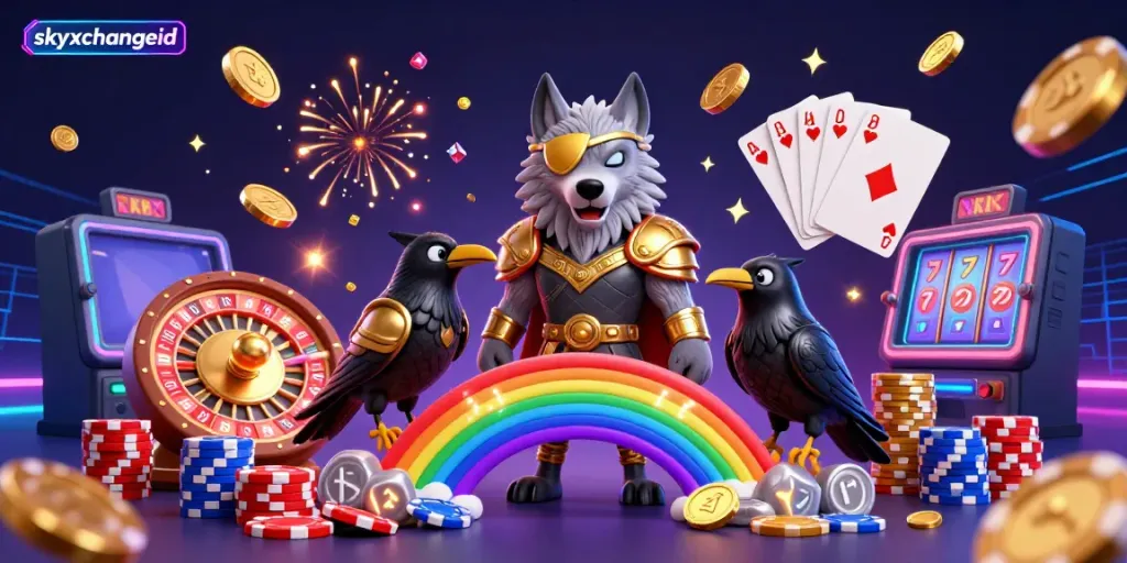 Engage in immersive betting experiences with skyxchangeid, featuring Odin and ravens in a lively casino scene.