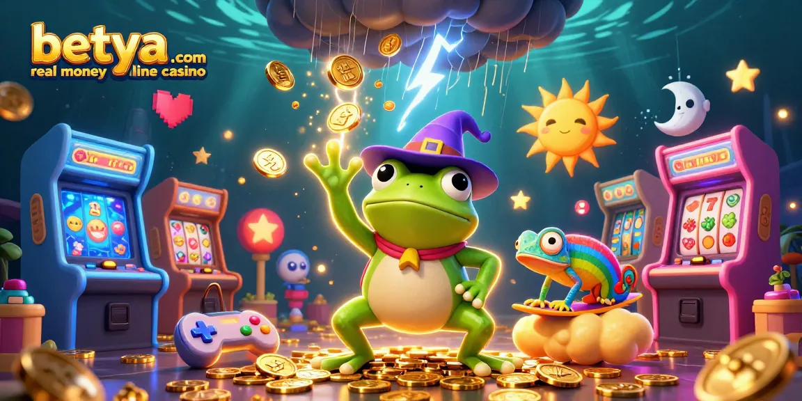 A dynamic illustration showcasing betya.com real money online casino, featuring vibrant characters creating a gold storm and slot elements.