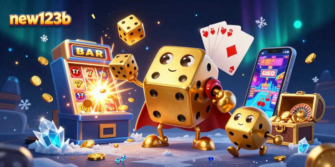 Experience thrilling gaming at new123b with fun dice and slot machines in a vibrant illustration.