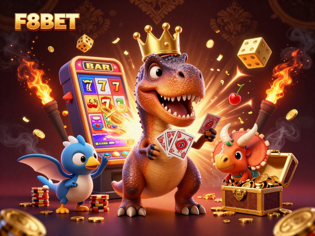 Experience F8BET with a friendly T-Rex, cards, and jackpot explosions in a vibrant casino scene.