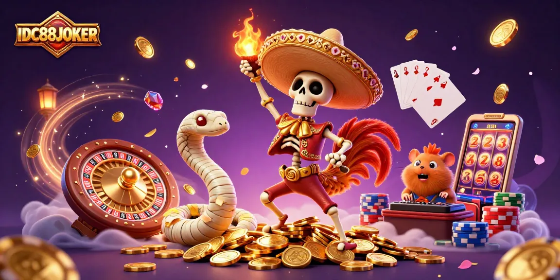 Experience thrilling gameplay at IDC88JOKER with colorful casino characters amidst vibrant action.