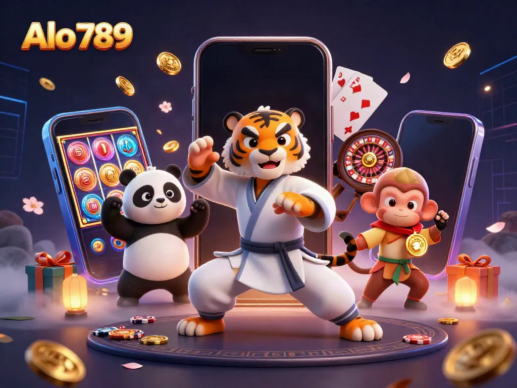 Alo 789 brings excitement to players with vibrant imagery of a kung fu tiger and playful monkey amidst gaming elements.