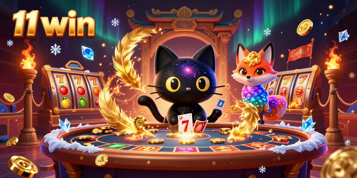 Engage with 11 win in a cosmic casino illustrated scene featuring a black hole cat and nebula fox.