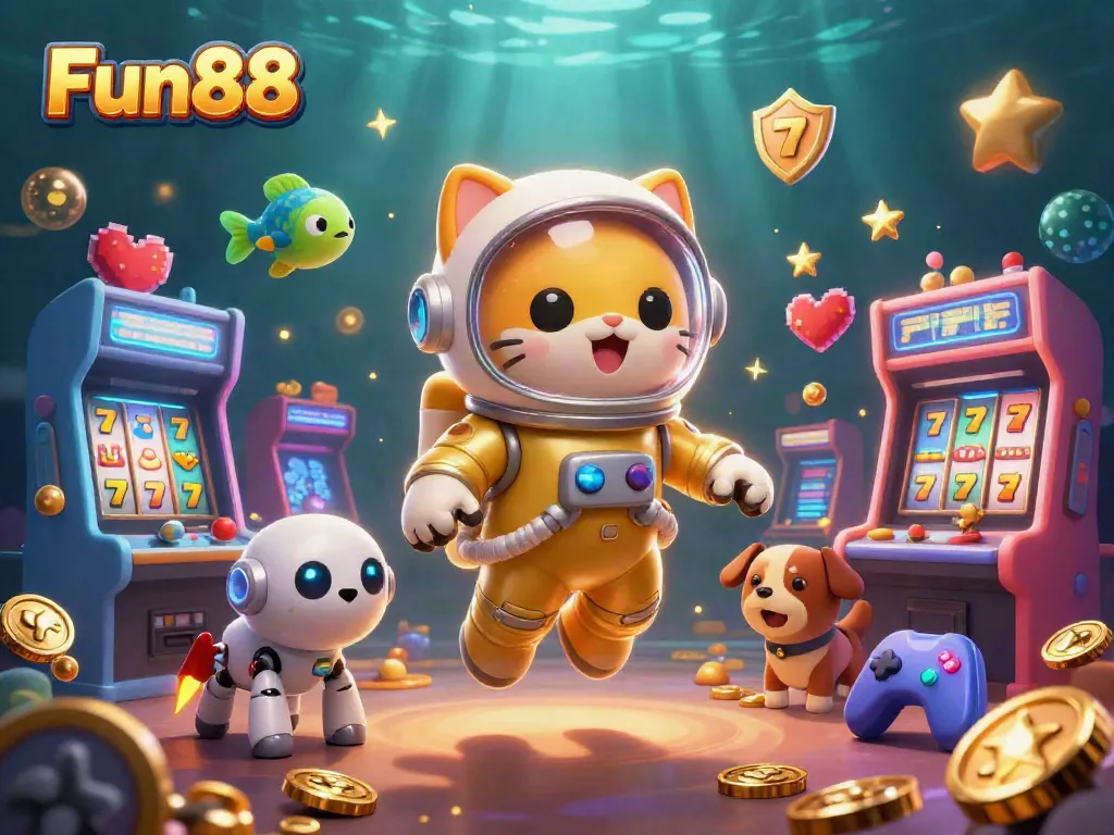 Experience thrilling Fun88 casino adventures with a 3D space cat, robot dog, and vibrant slot machines.