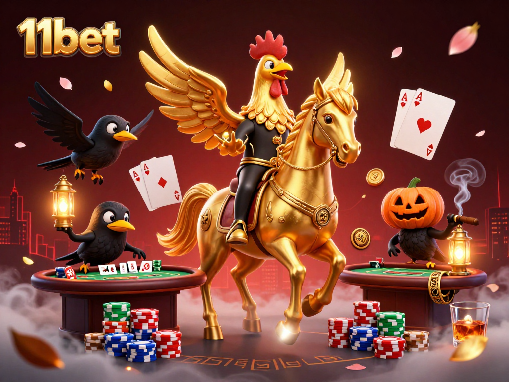 Experience the action at 11bet with a golden rooster headless horseman in a vibrant casino scene.