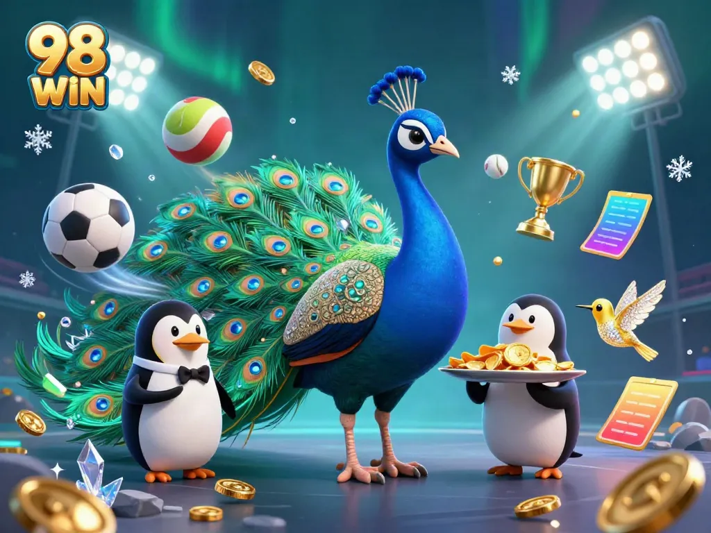 Engage with vibrant 98 WIN casino action featuring a peacock, butler penguin, and colorful game elements in an energetic scene.