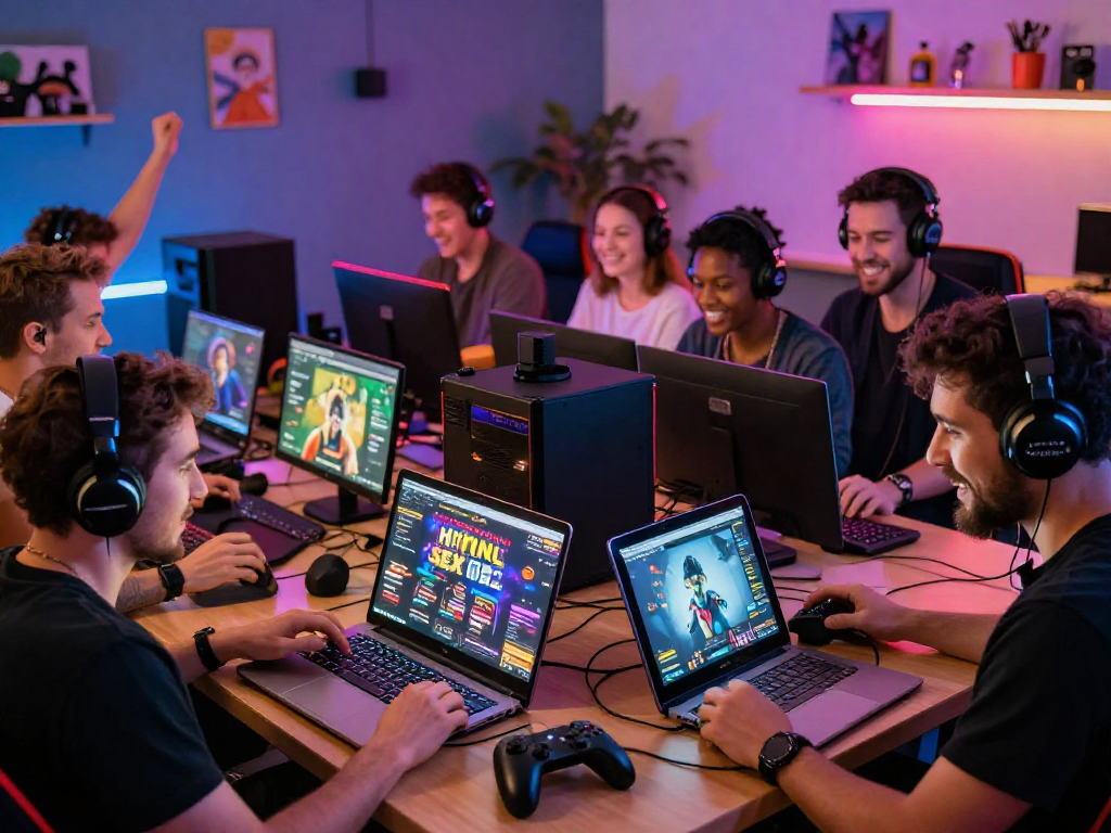 Engaging scene of adults playing html sex games on various devices in a vibrant, lively atmosphere.